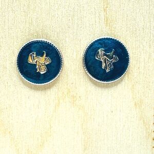 Western Cowboy Saddle Stud Earrings Silver Tone Blue Enamel Vintage 1980's NEW